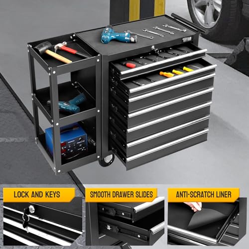 TUFFIOM 7-Drawer Rolling Tool Chest w/Lock & Key, Tool Storage Side Cabinet with Side Shelves Wheels, Top Cushion & Drawer Liners, Tool Organizer Box for Garage, Warehouse & Repair Shop, Black TUFFIOM