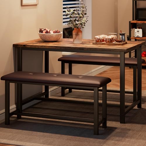 IDEALHOUSE Dining Table Set for 4, Kitchen Table with Upholstered Bench, Rectangular Dining Room Table Set with 2 Benches, 3 Piece Kitchen Table Set for Small Space, Apartment, Studio, Rustic Brown IDEALHOUSE