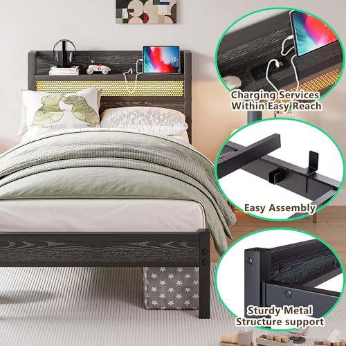 JUISSANO Twin Size Bed Frame with Charging Station and LED Lights,Black Metal Twin Bed Frame with Headboard Storage Shelf,Single Bed Frames with Under Bed Storage,No Box Spring Needed,Easy Assembly JUISSANO