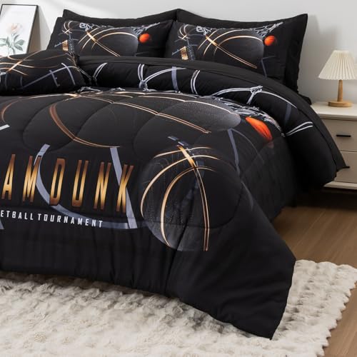 A Nice Night Basketball Court Printed Comforter Sets,with Sportsman Slam Dunk Printing 6Pcs Bedding Set in a Bag for Teen Boys,Twin A Nice Night