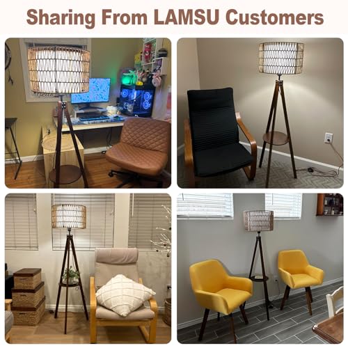 LAMSU Boho Tripod Floor Lamp with Shelves, Mid Century Wood Standing Lamp with Rattan & Fabric Shades, ON/Off Foot Switch, Modern Farmhouse Tall Floor Lamps for Living Room Bedroom Office LAMSU