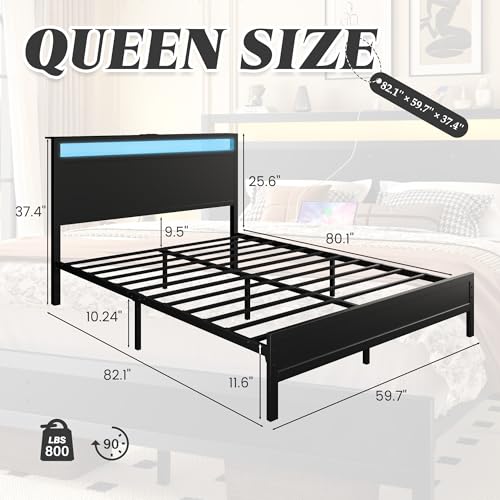 Fluest Queen Bed Frame with Headboard & Footboard, Bed Frame with Built-in Charging Station & LED Light, Storage Shelf, Noise-Free, No Box Spring Needed, Easy Assembly, Classic Black Fluest