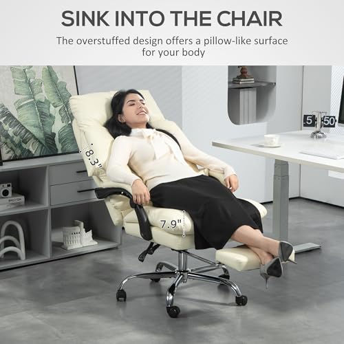 HOMCOM Overstuffed Executive Office Chair, PU Leather Reclining Swivel Desk Chair with High Back, Foot Rest, Thick Padded, 300 lbs, Cream White HOMCOM