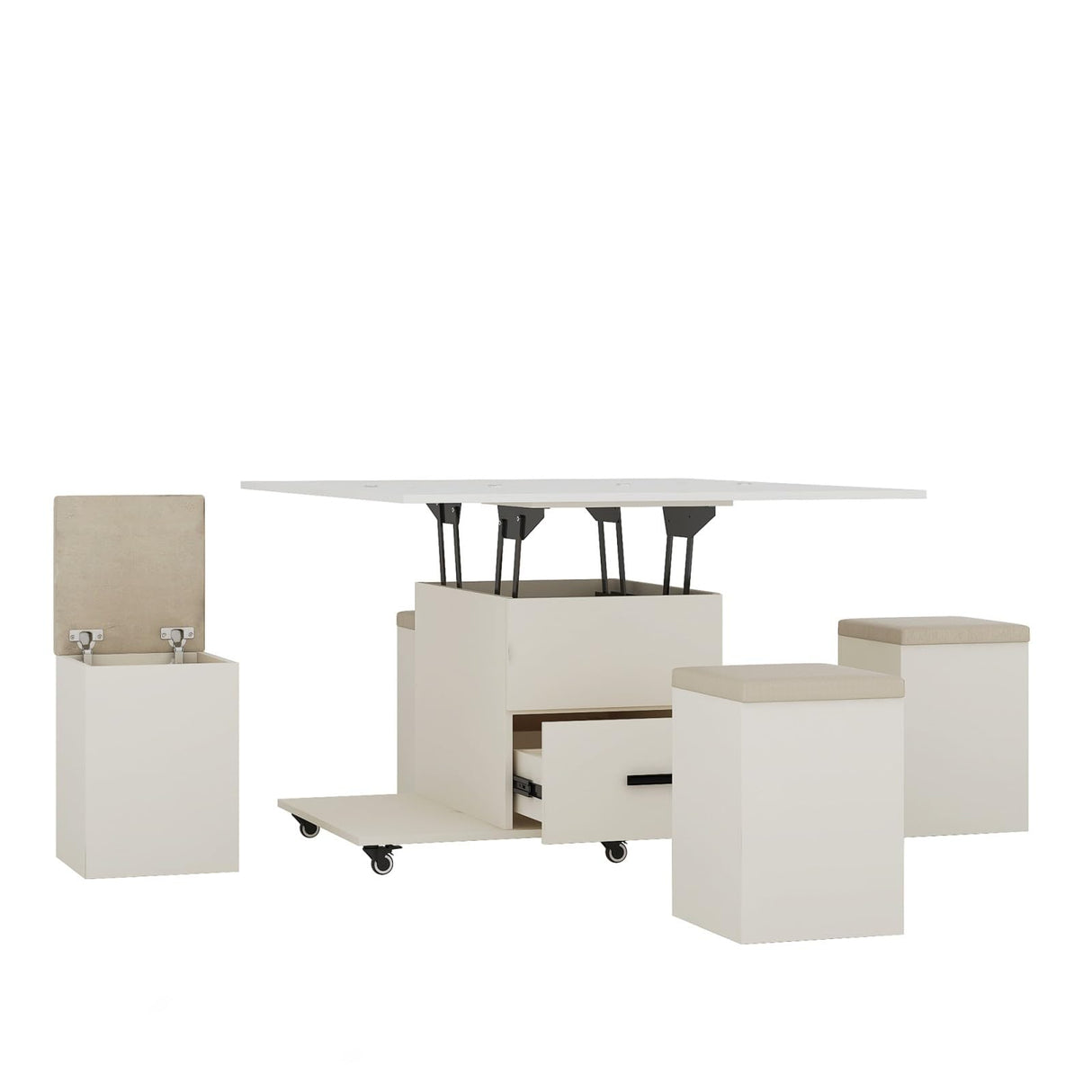 HEIGHYOXP Lift-Up Coffee Table with 4 Stools Set for Living Room Expandable 1 Hidden Storage + 2 Drawers Space Saving Folding Table HEIGHYOXP