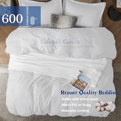 Saferay Green Super King 3 Piece Duvet Cover Set 100% Cotton Breathable All Season Super Soft Bedding 98x108 Inches with Zipper Closure & Corner Ties (Super King, White) Saferay Green