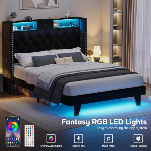 Otevehde LED Full Size Bed Frame with USB Charging Station, Velvet Upholstered Platform Bed Frames with Button Tufted Wingback Storage Headboard, Wooden Slats Support, No Box Spring Needed, Black Otevehde