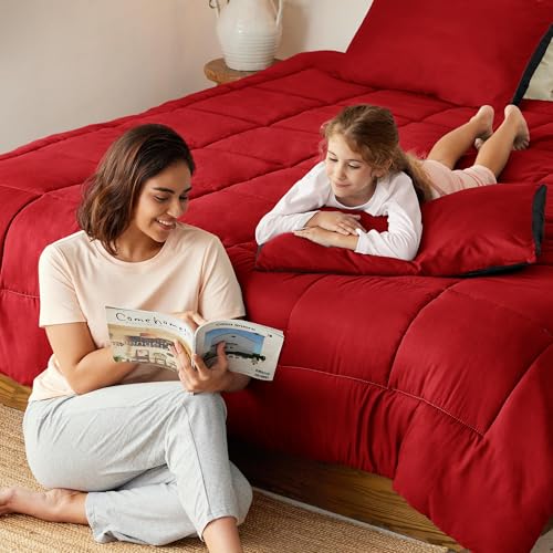 Exclusivo Mezcla Lightweight Reversible Twin Size Comforter Set, Down Alternative Comforter with 1 Pillow Sham, Twin Size Bedding Set for All Seasons, Red/Black Exclusivo Mezcla