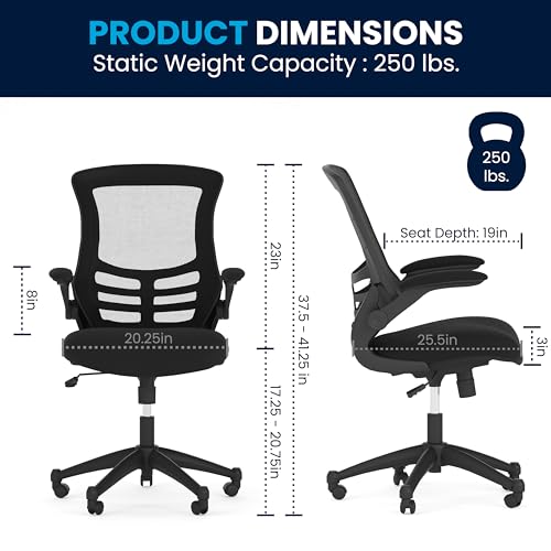 Flash Furniture Kelista Mid-Back Swivel Office Chair with Adjustable Seat Height, Ergonomic Mesh Desk Chair with Flip-Up Armrests, Black Flash Furniture