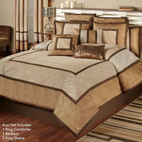Touch of Class Delta Contemporary Oversized Luxury Bedding | Champagne Gold, Golden Bronze, Dark Bronze | Pleated Polyester Satin | Silky | 4 Piece Bed Set: King Comforter, Bedskirt, and 2 King Shams Touch of Class