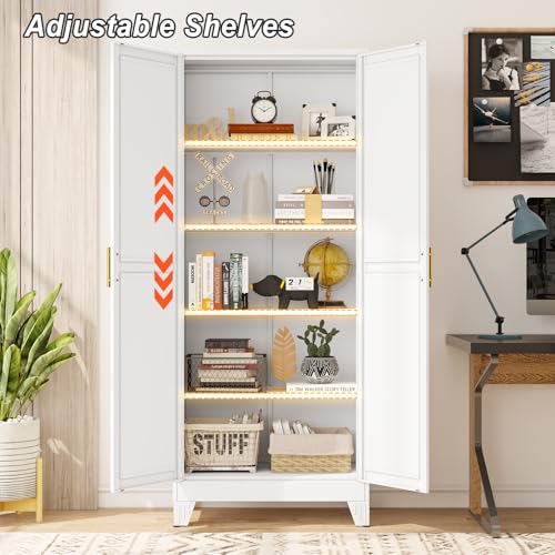 winiowa Metal Pantry Cabinet with 2 Doors and Adjustable Shelves - 71" Kitchen Storage Cabinet with Gold Handles - Versatile Storage for Kitchen, Bathroom, Dining Room, Utility Room - White winiowa