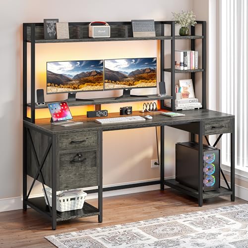 DWVO Computer Desk with Drawers & Hutch, 59.1" Office Desk with Power Outlets & LED Lights, Home Office Desk with Storage Shelves, Grey DWVO