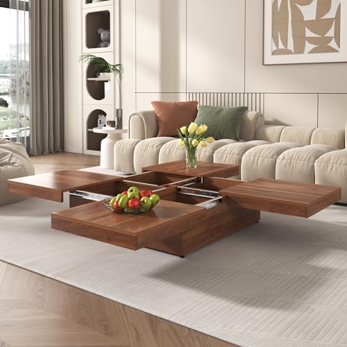 Merax 39.4'' Square Coffee Table, Sliding Top with Ample Storage, Walnut Grain Veneer Finish Modern Center Tables for Living Room Apartment, Walnut Merax