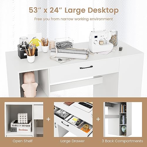 COSTWAY 36” Counter Height Sewing Table, 53 Inch Artwork Craft Table with 14 Open Compartments, 3-Position Adjustable Shelf, 1 Drawer & Cabinet, Project Center Desk Drafting Sewing Workstation, White COSTWAY