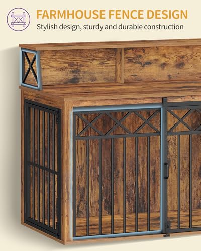 Hzuaneri 39.4'' Dog Crate Furniture, Large Wooden Dog Crate with Storage and 3 Doors, Indoor Kennel for Medium/Large Dogs, End Table with Barn Door, Chew-Proof and Escape-Proof, Rustic Brown DFC87401B Hzuaneri