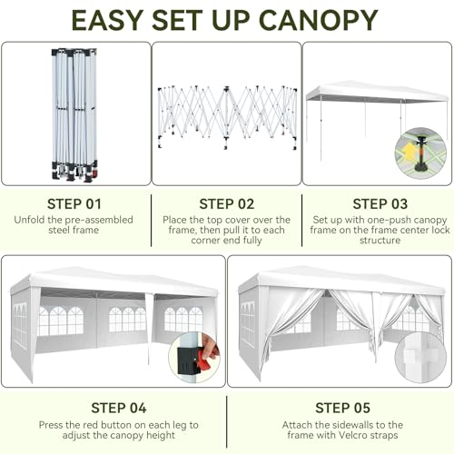 Aoxun 10x20 Pop Up Canopy Tent with 6 Removable Sidewalls, One Push Party Tent Waterproof Outdoor Canopy with 3 Adjustable Height, Portable Tents for Parties, Wedding, Commercial, Market Aoxun