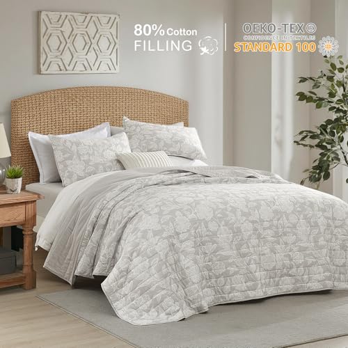 HORIMOTE HOME Floral Quilt Set King Size 3 Pieces, Taupe Flower Fine Printed Reversible Botanical Bedspreads Bedding Sets, Soft and Lightweight Bed Coverlet for All Season HORIMOTE HOME