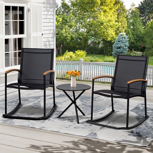 Shintenchi 3 Piece Outdoor Rocking Bistro Set, Textilene Fabric Small Patio Furniture Set, Front Porch Rocker Chairs Conversation Set with Table for Lawn, Garden, Balcony, Poolside (Black) Shintenchi