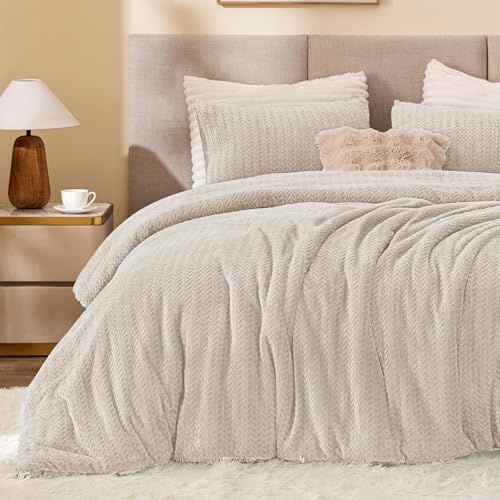 ChiXpace Flannel Fleece Full Comforter Set - Furry Linen Leaves Pattern Faux Fur Bed Set, Winter Ultra Soft Fuzzy Comfort Set, Velvet Bedding Set for Bed with 2 Pillow Cases ChiXpace