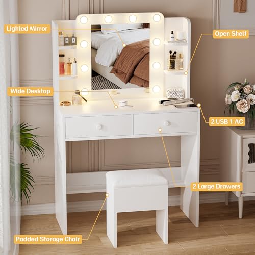 Haewon White Vanity Desk with Mirror and Lights, Makeup Vanity with 10 LED Bulbs and 3 Color Modes, Dressing Table Set with Power Outlets, Storage Drawers and Chair for Bedroom Haewon