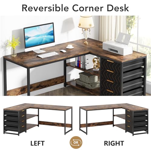 Tribesigns L Shaped Computer Desk with Storage Drawers, 59 inch Corner Desk with Shelves, Reversible L-Shaped Office Desk Study Writing Table Workstation for Home Office, Brown Tribesigns