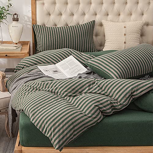 PURE ERA Jersey Knit Duvet Cover Set 100% T-Shirt Heather Cotton Super Soft Comfy Classic Striped Design, with Zipper Closure, Forest Green Stripe, Full PURE ERA
