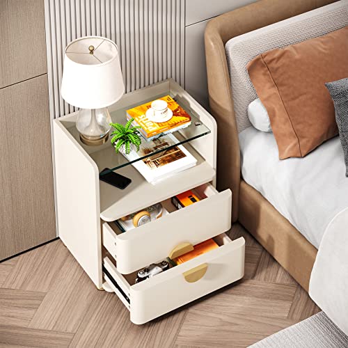 Tribesigns Modern Nightstands Set of 2, 2-Drawer Night Stand with Open Storage Space, Easy Assembly Wood Bed Side Table for Bedroom, Tempered Glasses Side End Table for Living Room Tribesigns