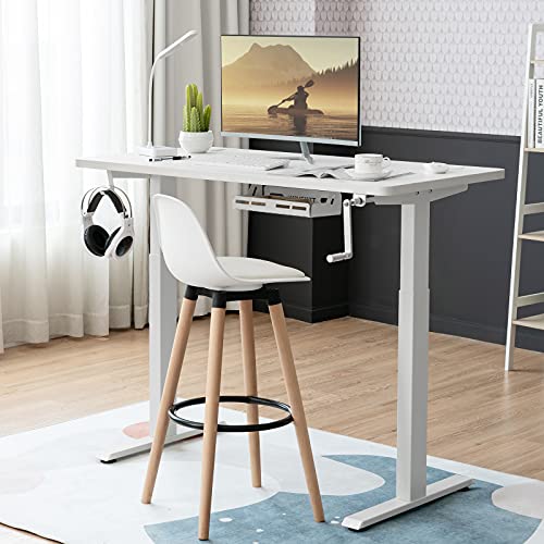 Sit to Stand Workstation Frame, Manual Height Adjustable Standing Desk Frame w/ Foldable Hand Crank, Cable Tray & Hanging Hook, Adjustable Footpads, Ergonomic Desk Frame for Home Office, Black (WHITE) MEDIMALL