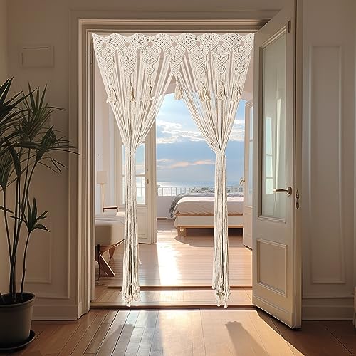 Osunnus Boho Macrame Curtain Handmade String Curtain with Tassel Large Macrame Wall Hanging Boho Room Divider Art Decor for Living Room Bedroom Bohemian Wedding Party Decor, 2 Panels 79" L x 35" W Osunnus