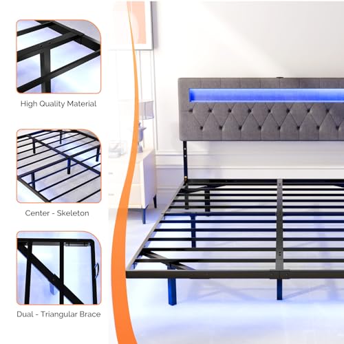 VINGLI Floating Bed Frame Queen with Charging Station,RGB LED Lights, Metal Platform Bed with Upholstered Headboard, Adjustable Height, Gray VINGLI