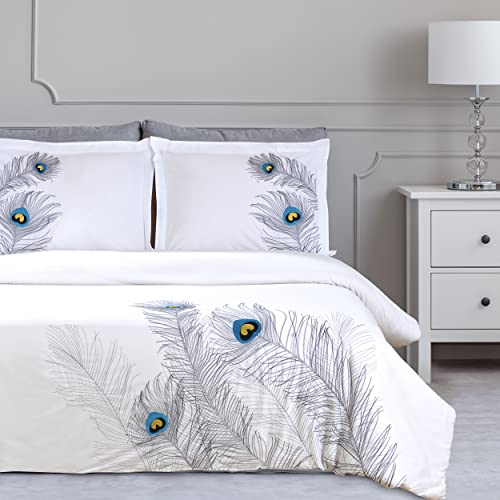 100% Cotton, 3-Piece King/California King, Single Ply, Soft, Embroidered Peacock Duvet Cover Set, Silver Superior