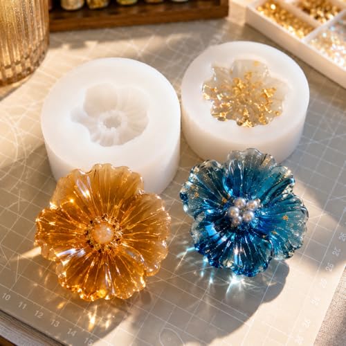 2PCS 3D Flower Silicone Candle Molds,Camellia Silicone Poppy Flower Mold for DIY Epoxy Crafts Handmade Soap Aromatherapy Gypsum Polymer Clay Crafts Fondant Mold