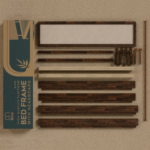 Bme Nipe 14 Inch Bohemian Bed Frame with Adjustable Woven Headboard - Rustic & Vintage Unique Style with Acacia Wood - No Box Spring Needed - Easy Assembly - Twin, Walnut Bme