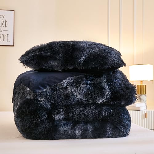 Andency Faux Fur Tie-Dyed Black Blue Comforter Set Full Size, 3 Pieces Fluffy Fuzzy Plush Bedding Comforter Set (1 Shaggy Velvet Comforter & 2 Pillowcases), Soft Puffy Down Comforter Bedding Set Andency