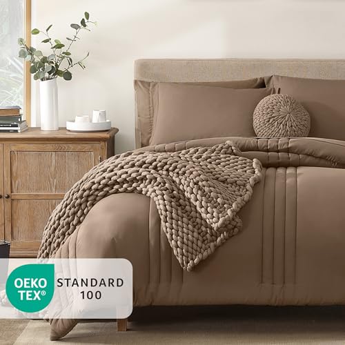 Monbix King Size Comforter Set - 7 Pieces Bed in a Bag King, Raw Umber Bedding Sets with Comforter, All Seasons Comforter Bed Set with Sheets, Pillowcases & Shams Monbix