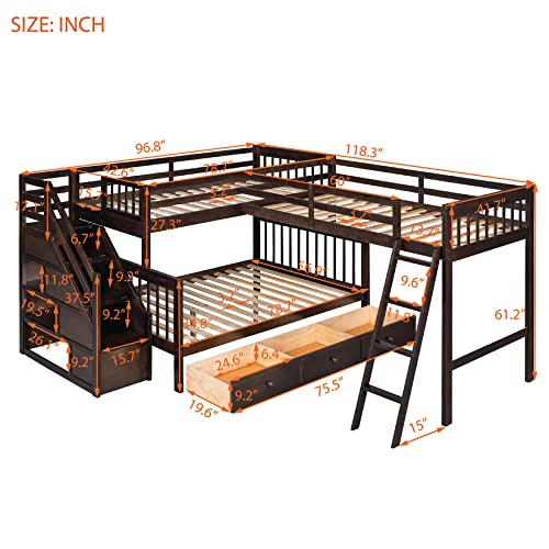 TMAXX Quad Bunk Bed Twin Over Twin Wood L-Shaped Bunk Bed Compatible with 4 Boys Girls Teens, Gray ,Queen Bed, Espresso, YY-991 TMAXX