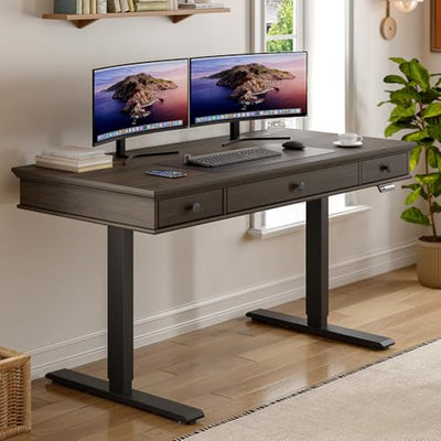 ONBRILL Standing Desk with Drawers, 55 x 23 Inch Electric Height Adjustable Desk with Storage & Outlets, for Computer Workstation, Home Office, Retro Curved Table Corner Design, Dark Walnut