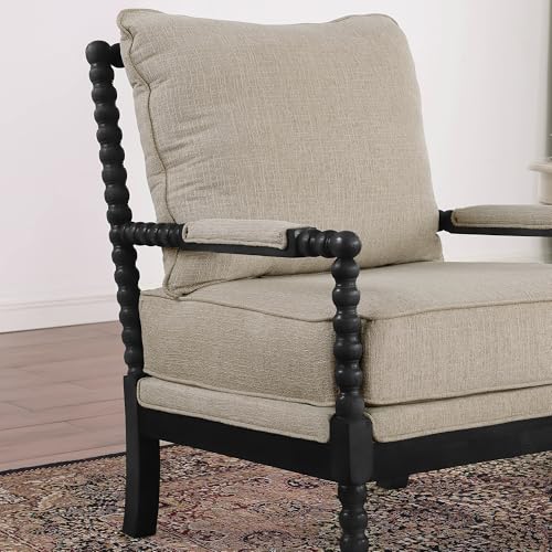 Morden Fort Linen Fabric Spindle Accent Chair with Wood Frame, French Style Accent Chairs with Padded Spring Seat and Armrest Pads, Brushed Base for Living Room Bedroom Farmhouse Office Balcony Morden Fort