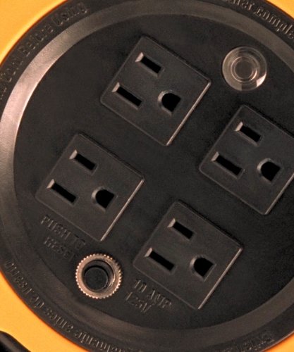 Woods 2801 Extension Reel with Four 3-Prong Power Outlets; Heavy Duty Retractable Cord; User Friendly; Made of Flame Resistant Materials; 10 AMP Circuit Breaker; 25 Foot; Yellow; Orange Woods