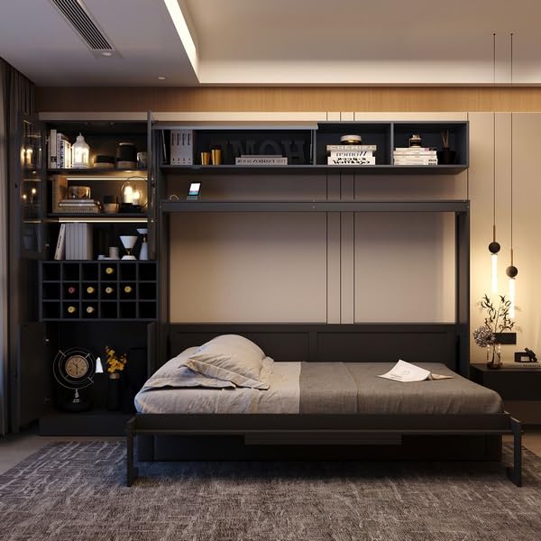 Polibi Full Size Murphy Bed with Sofa Function - Space-Saving Wall Bed, Shelves USB and Light, for Small Apartments/Studios, Gray Polibi