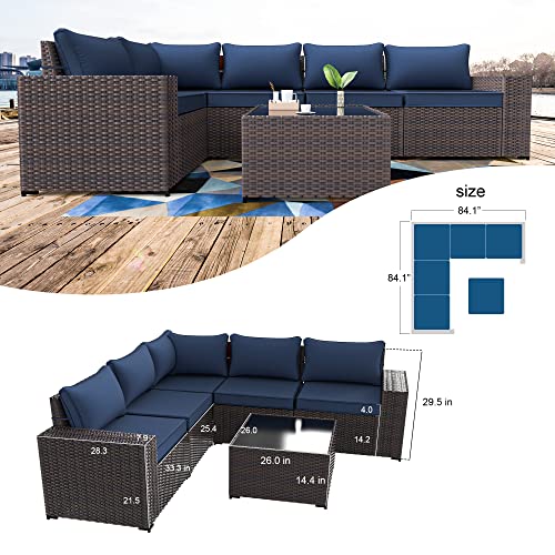 Kullavik Outdoor Patio Furniture Set 6 Pieces Sectional Rattan Sofa Set Brown PE Rattan Wicker Patio Conversation Set with 5 Navy Blue Seat Cushions and 1 Tempered Glass Table Kullavik