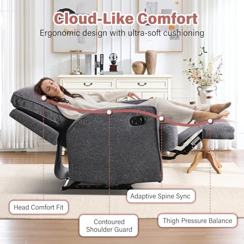 INZOY Manual Recliner with Thicker Backrest, Soft Fabric Recliner Chair with Overstuffed Cushion, Heavy Duty Reclining Sofa for Living Room Bedroom Apartment, Grey