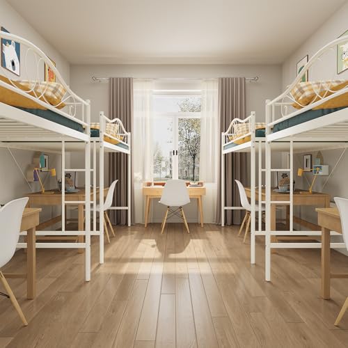 IDEALHOUSE Loft Bed Twin Size with Ladder & Full Safety Guardrail, Heavy Duty Metal Twin Loft Bed 400 Lbs Load Capacity, Space-Saving, Noise Free, No Box Spring Needed, Easy Assembly, Cream White IDEALHOUSE