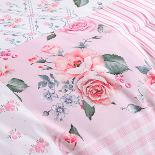 YIKUSH Full Comforter Set - Pink Spring Floral Comforter Full Size Patchwork Flower Cozy Bedding Set 3 Pieces for All Season, Cute Pattern 1 Comforter (79"x90") and 2 Pillow Shams (20"x26") YIKUSH