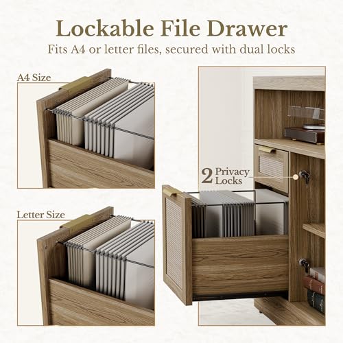 Perledesign Height Adjustable Electric Standing Desk, 48 x 24 Inches Sit Stand up Desk with 2 File Cabinets, AC/USB, 1.18" Desktop, L Shaped Rattan Computer Desk for Home and Office, Natural Oak Perledesign
