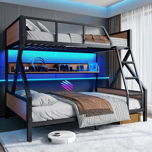 Bellemave Full XL Over Queen Size Bunk Bed with Storage Shelves and LED Lights,Heavy Duty Adult Bunk Beds with Angled Ladder,Metal Queen Bunk Bed,Black Bellemave