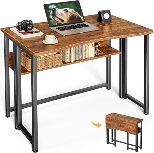 Huuger Folding Desk with Storage Shelf, 31.5 Inch Foldable Computer Table for Small Spaces, Space Saving Sofa Table for Couch, Writing Work Office Computer Desk, Easy to Fold, Rustic Brown Huuger