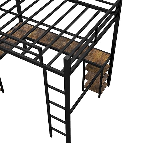 Full Size Loft Bed with Desk and Storage Shelves, Heavy Duty Metal Loft Bed with L-Shaped Desk and Ladder, Full Size Loft Bed for Kids, Teens, Black Loft Bed Full Size Bellemave