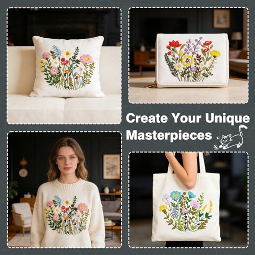 RIHYTFU 3 Pack Flower Embroidery Kits for Beginners, Adults Starter Cross Stitch Kit, DIY Sewing Needlepoint, Floral Plants Patterns Hand Stamped Embroidery Kits