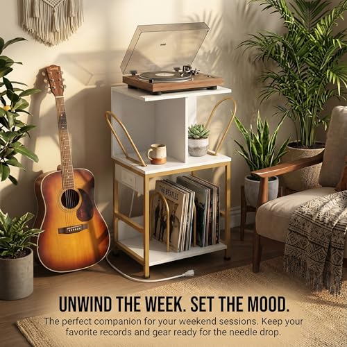 ZEXVIDA Record Player Stand with Vinyl Storage, Large Record Table Holds 180 Albums, Vinyl Record Storage Stand with USB Charger, Multi-Functional Side Table & Shelf for Living Room Bedroom ZEXVIDA