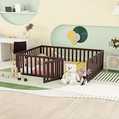 Okak Montessori Floor Bed with Safety Guardrails and Playful Door, Brown Okak